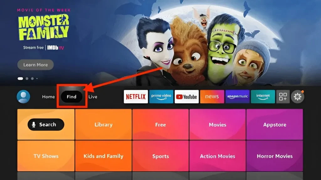 Click Find on Firestick home screen to search Downloader app
