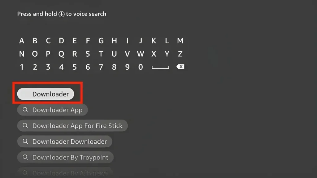 Type Downloader in Firestick search to install sideloading app