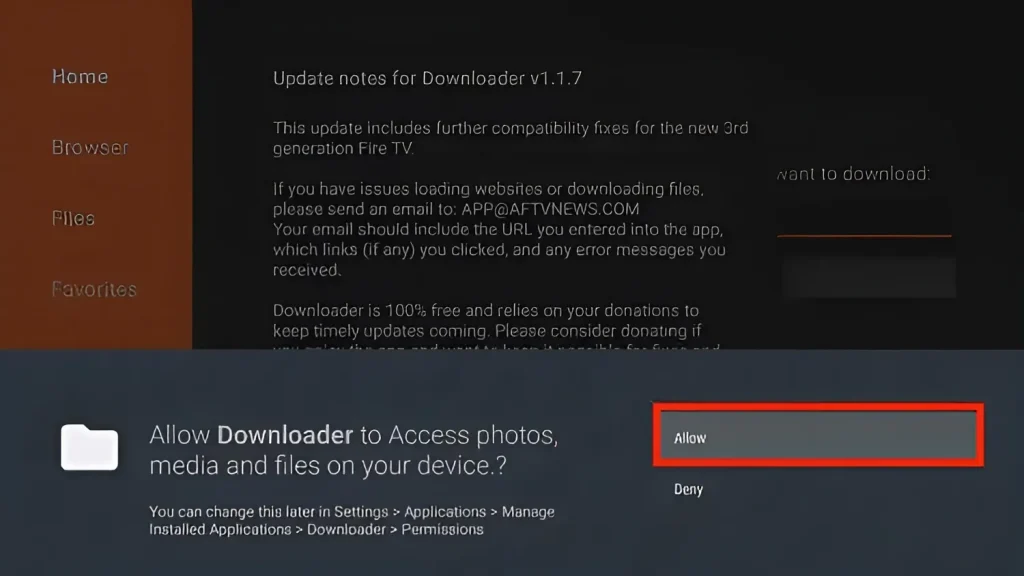 Click Allow in Downloader app on Firestick to grant access