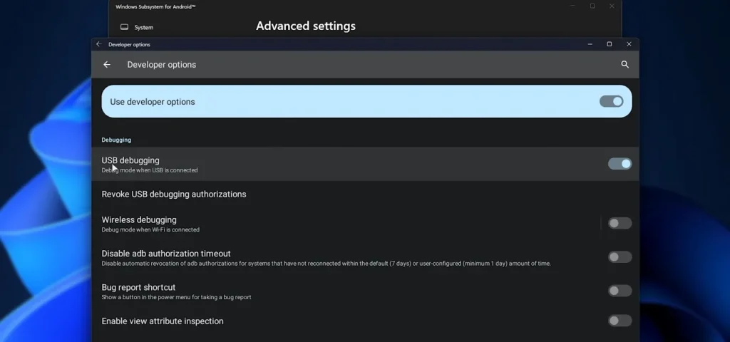 Enable USB Debugging WSA