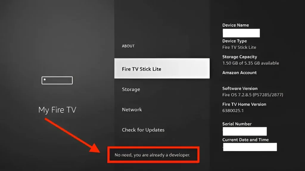 Developer mode unlocked popup on Firestick