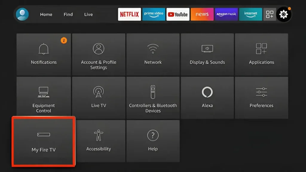 Select My Fire TV in Firestick Settings to enable developer mode
